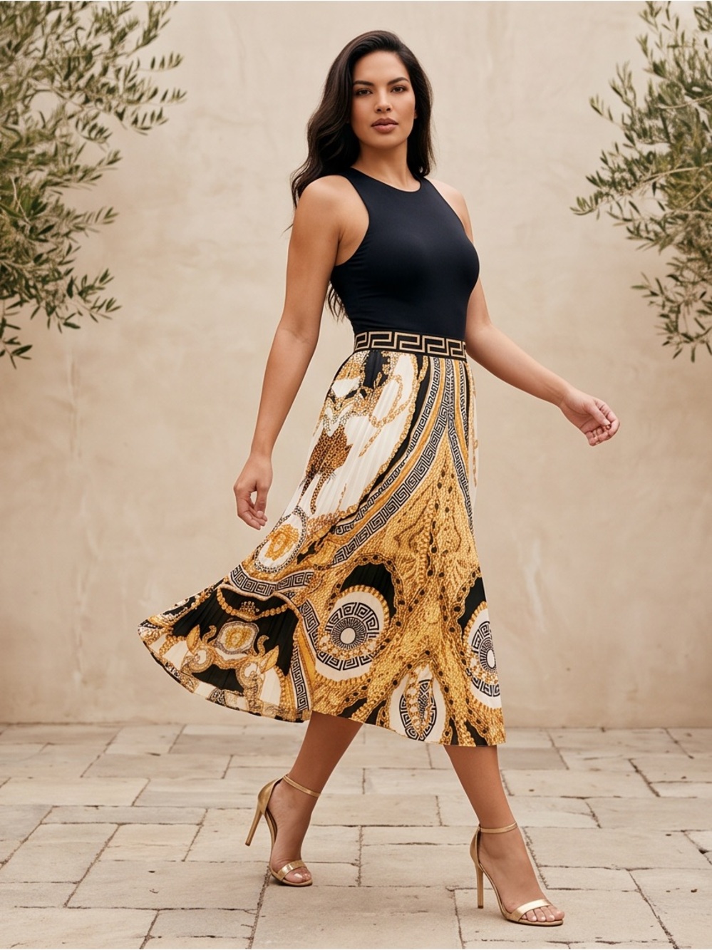 Elegant Gold & Black Printed Pleated Midi Skirt Easy to Wear & Style Chic Skirt